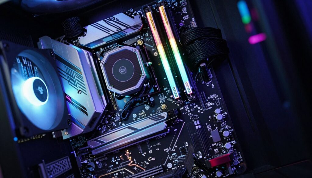 A close-up, high-detail view of an advanced gaming PC setup, prominently featuring an overclocked CPU and RAM modules. The processor is illuminated with vibrant RGB lighting, displaying intricate circuitry and thermal paste glistening under bright LED lighting. In the foreground, focus on the RAM sticks with heat spreaders reflecting light, showing their sleek design. The middle ground includes a motherboard with visible capacitors and cooling fans, emphasizing an optimized airflow. The background features a dark, blurred gaming environment with hints of colorful LED accents, creating a high-tech ambiance. Use soft focus for a cinematic feel, with a slight tilt-angle perspective to enhance depth. The image should convey a sense of power, excitement, and advanced technological performance.