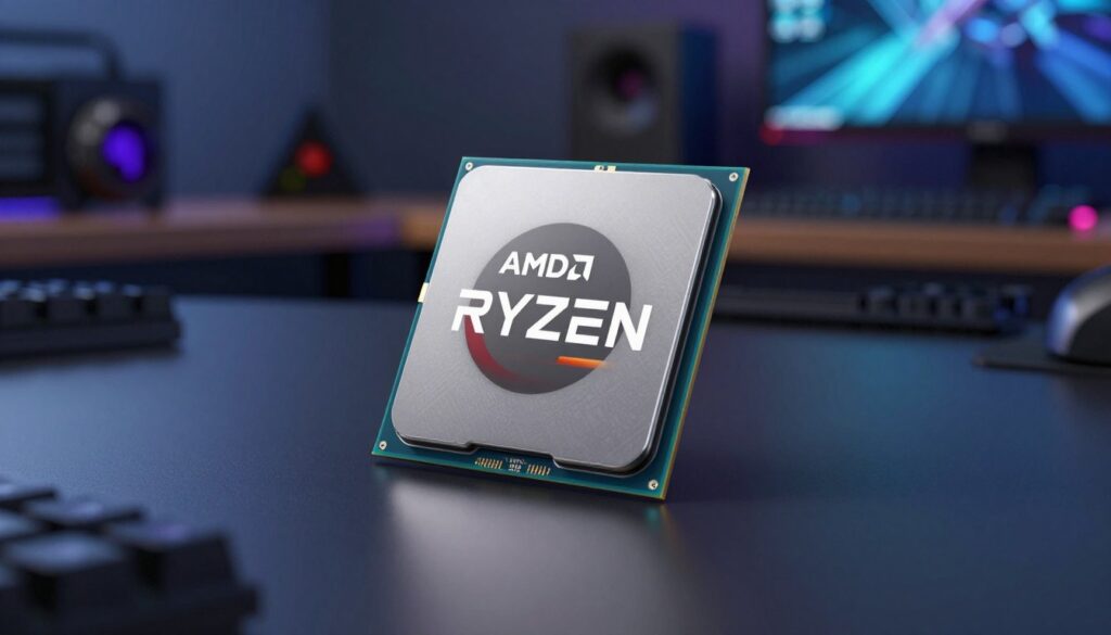 A close-up render of an entry-level AMD Ryzen APU, featuring a sleek, modern design with prominent branding. The CPU is set against a high-tech workspace, with a blurred background showing a well-organized desk equipped with gaming peripherals. Gentle, diffused lighting casts a subtle glow on the processor, highlighting its details while creating a professional ambiance. The camera angle is slightly tilted for a dynamic effect, focusing on the APU while allowing the workspace to softly fade out. The mood is optimistic and inviting, capturing the essence of casual gaming without overwhelming the viewer. The color palette features cool tones of blue and silver, enhancing the tech-forward theme.
