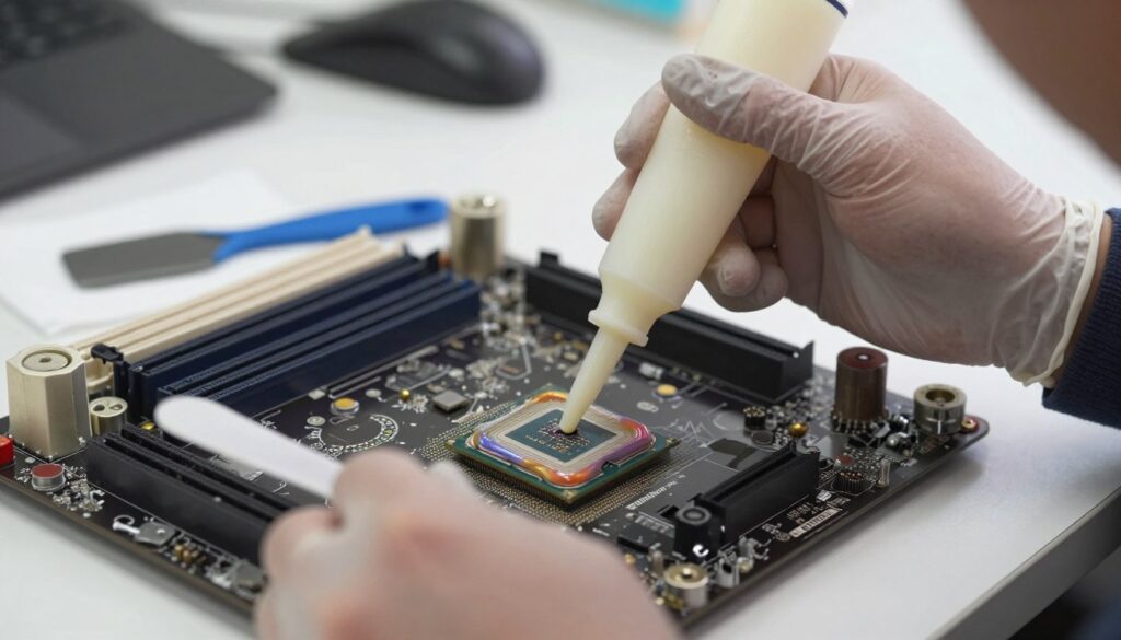 A close-up view of a computer CPU being carefully applied with thermal paste, showcasing a technician's hands in the foreground, wearing modest casual clothing and gloves for safety. The thermal paste is visibly being squeezed out onto the CPU in a precise, controlled manner, revealing its glossy texture. In the middle ground, the CPU socket and surrounding motherboard components are clearly visible, demonstrating an organized workspace with tools like a spatula and cleaning wipes neatly arranged. The background should be softly blurred, hinting at a well-lit, clean workstation, while soft, natural lighting creates a professional atmosphere. Focus on conveying a sense of focus and precision in the application process, capturing the essence of proper thermal paste application.