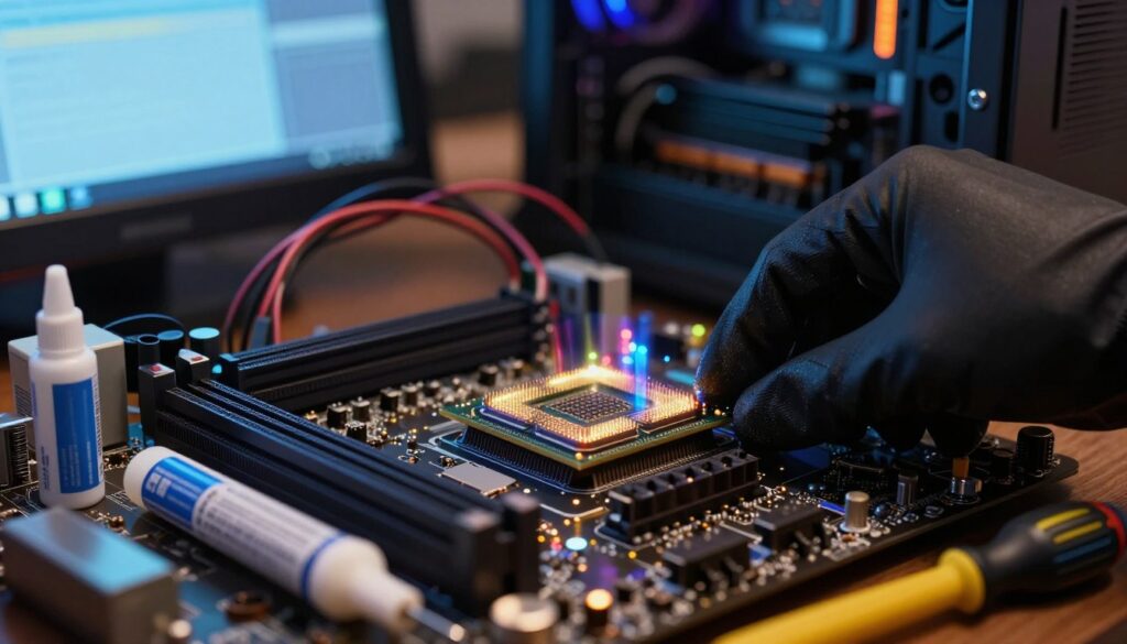 A close-up view of a computer motherboard showing a central processing unit (CPU) with visible heat distortion and flickering lights, indicating instability. In the foreground, a hand wearing a professional glove adjusts the CPU cooler, surrounded by tools like a thermal paste and a screwdriver, conveying a diagnostic scene. The middle ground features a chaotic arrangement of wires and diagnostic equipment, with blinking LEDs signaling warning alerts. In the background, a blurred computer tower emits soft blue and orange lighting, enhancing the atmosphere of tension and urgency. The overall mood is serious and technical, capturing the intricate details of computer hardware diagnostics. The image is well-lit, focusing on the main components with a shallow depth of field to highlight the CPU's critical state.