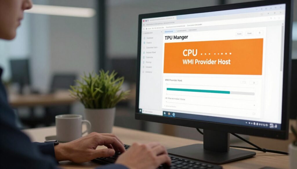 A close-up view of a computer screen displaying a high CPU usage graph, with a prominent focus on the Task Manager interface, highlighting the WMI Provider Host process with an orange warning background. In the foreground, include the hands of a professional wearing smart business attire, typing on a keyboard, engaged in troubleshooting. In the middle, soft ambient lighting creates a tech-focused atmosphere, while a blurred office environment forms the background, showcasing a modern, minimalistic workspace, with a potted plant and a coffee mug. The overall mood conveys urgency and focus, ideal for depicting the process of resetting and troubleshooting high CPU usage issues on a Windows machine.