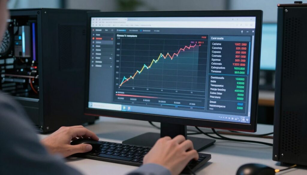A close-up view of a computer screen displaying detailed BIOS temperature readings and system performance metrics. In the foreground, a pair of hands, clad in professional attire, are using a mouse to navigate the BIOS interface. The middle section features a clear graph showing cooling system temperatures and CPU status, illuminated by soft, cool lighting. The background is a sleek, modern workspace with a blurred computer tower and tools for cleaning thermal paste. The atmosphere is focused and technical, emphasizing precision in monitoring system stability. The image captures a sense of diligence and professionalism in maintaining optimal computer performance.
