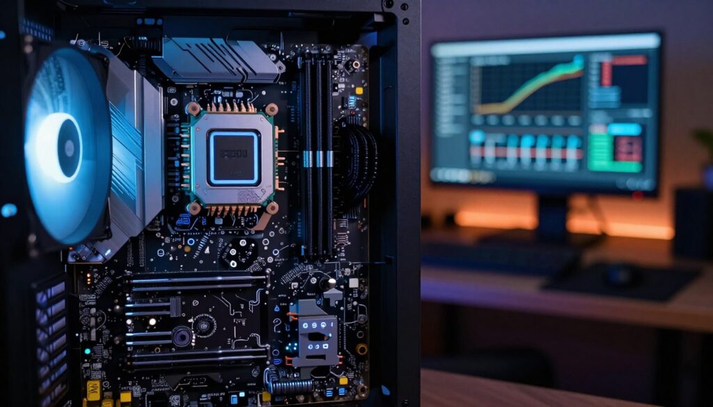 A close-up view of a gaming PC's CPU and motherboard, showcasing various indicators of a CPU bottleneck. In the foreground, focus on a glowing CPU cooler with intricate details highlighted by cool blue LED lights. The middle ground features the motherboard, with diagnostic software running on a nearby monitor displaying performance metrics, indicating high CPU usage and low GPU activity. In the background, a softly blurred gaming setup with ambient lighting creates a high-tech atmosphere, emphasizing a busy gaming environment. The image should have a moody, dramatic lighting with a slight focus on the glowing components, using a shallow depth of field to draw attention to the CPU while maintaining a sleek, modern aesthetic.