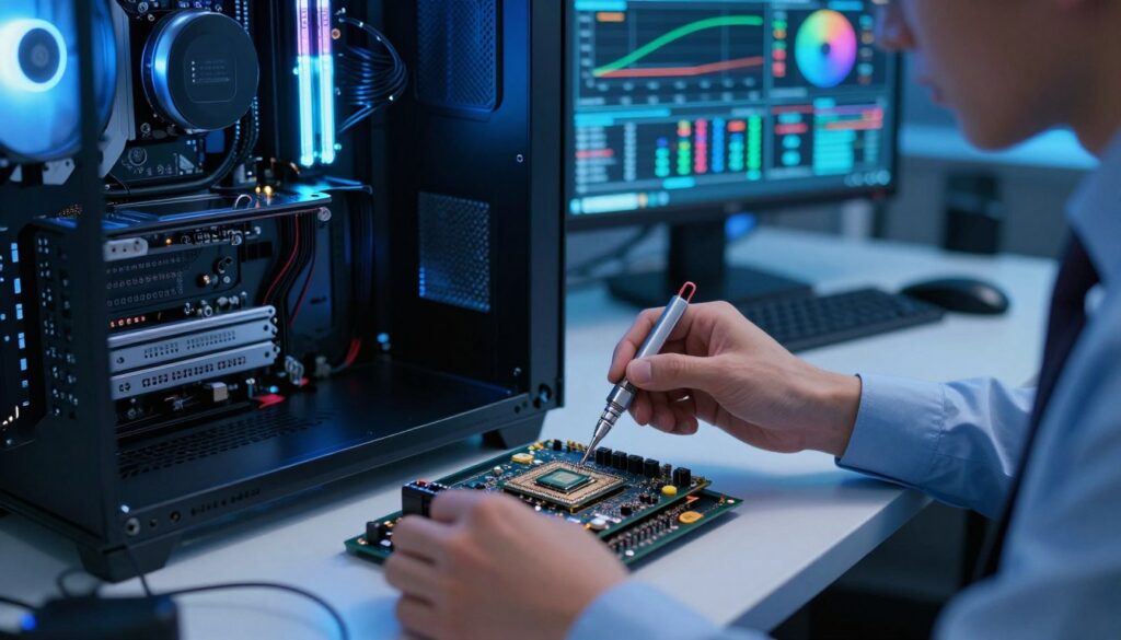 A close-up view of a high-performance computer CPU being carefully adjusted on a workbench. In the foreground, a technician in professional business attire is using a specialized tool to tweak the multipliers and voltage settings on the CPU, showcasing detailed circuitry. The middle layer features an open computer case with glowing LED lights, highlighting the advanced cooling system and components. In the background, soft-focus displays of graphs and monitoring software illustrate performance metrics and temperatures. The scene is illuminated by cool, blue LED lighting, creating a high-tech, focused atmosphere. The overall mood conveys precision, expertise, and the excitement of safely enhancing processor performance.