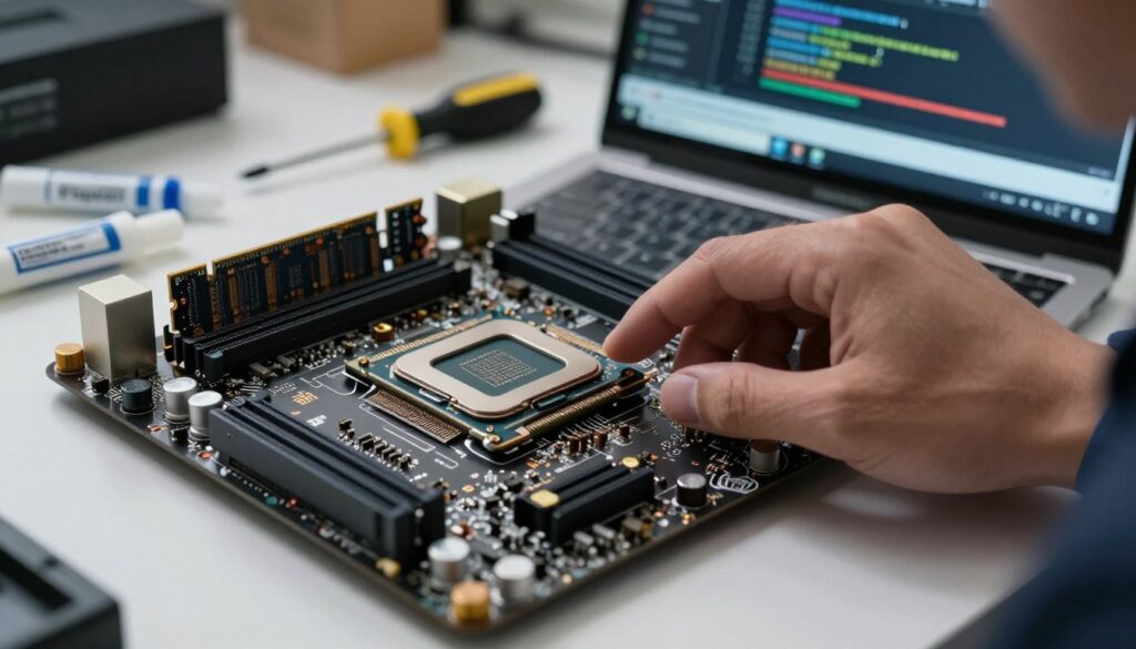 A close-up view of a high-tech computer motherboard prominently displaying a CPU socket surrounded by various components like RAM and capacitors. In the foreground, a hand in a professional attire is carefully navigating a BIOS update interface on a laptop screen, with visible code and progress bars indicating an update for a new processor. The background features a softly illuminated workspace with tools laid out, such as thermal paste and a screwdriver, creating a focused atmosphere. The lighting is bright yet soft, enhancing the intricate details of the motherboard and CPU. The angle is slightly elevated, capturing both the hand's action and the complexity of the motherboard, conveying a sense of precision and professionalism in the process of updating BIOS for new processors.