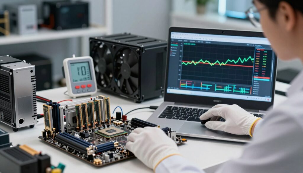 A close-up view of a modern CPU mounted on a high-tech motherboard, surrounded by diagnostic tools and a digital thermometer displaying temperature readings. In the foreground, a technician's hands, gloved and in professional attire, adjust the settings on a laptop screen running stress test software, showcasing a graph with fluctuating performance metrics. The middle ground features various hardware components like RAM sticks and cooling fans, while the background shows a softly lit tech workspace with shelves filled with computer components. The lighting is bright yet soft, highlighting the details on the CPU and tools, creating a focused, professional atmosphere that conveys precision and seriousness in hardware diagnostics.