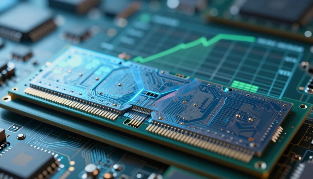 A close-up view of a processor with emphasized elements representing SRAM and L3 cache limitations. In the foreground, intricate circuitry details, with shiny silicon components reflecting light. In the middle ground, a partially transparent overlay illustrating physical limitations of SRAM, such as size constraints and heat dissipation issues. The background features a faint diagram or graph subtly indicating performance metrics, rendered in cool tones of blue and green for a tech-focused atmosphere. Bright, focused LED light highlights the processor while softer ambient lighting creates a professional and serious mood. The camera angle is slightly tilted to add dynamism and depth to the composition.