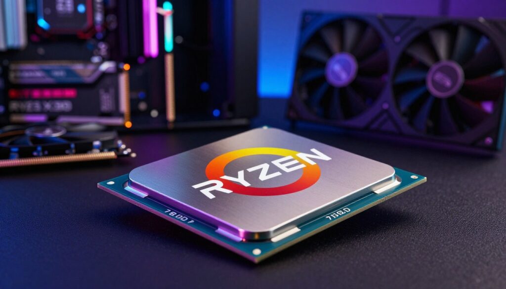 A close-up view of the Ryzen 7 7800X3D gaming CPU, showcasing the intricate details of its sleek and modern design. The CPU is prominently displayed in the foreground, highlighting the polished metal surfaces and vibrant branding logo. In the middle ground, a subtle array of high-performance computer components, such as RAM and a powerful GPU, adds context without overpowering the centerpiece. The background features a softly illuminated gaming setup with RGB lighting, creating an energetic and tech-savvy atmosphere. Use dramatic yet balanced lighting to cast soft shadows, emphasizing the CPU's details. The camera angle should be slightly tilted for a dynamic perspective, invoking excitement and cutting-edge innovation. This image should resonate with tech enthusiasts and gamers alike, embodying the essence of performance and quality in a gaming processor. A close-up view of the Ryzen 7 7800X3D gaming CPU, showcasing the intricate details of its sleek and modern design. The CPU is prominently displayed in the foreground, highlighting the polished metal surfaces and vibrant branding logo. In the middle ground, a subtle array of high-performance computer components, such as RAM and a powerful GPU, adds context without overpowering the centerpiece. The background features a softly illuminated gaming setup with RGB lighting, creating an energetic and tech-savvy atmosphere. Use dramatic yet balanced lighting to cast soft shadows, emphasizing the CPU's details. The camera angle should be slightly tilted for a dynamic perspective, invoking excitement and cutting-edge innovation. This image should resonate with tech enthusiasts and gamers alike, embodying the essence of performance and quality in a gaming processor.