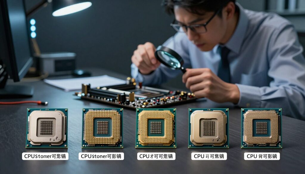 A detailed illustration of common socket pitfalls when mixing CPU generations. In the foreground, a variety of CPU sockets are depicted, each labeled with compatibility notes, showing clear differences like pin layouts and notches. The middle ground features a professional technician in a smart business outfit analyzing a motherboard, utilizing a magnifying glass for precise inspection. The background showcases a dimly lit workspace with tools, documentation, and LED lights casting a soft glow on the motherboard, enhancing the technical atmosphere. The image should have a focus on depth of field, highlighting the sockets while blurring the tools gently. The overall mood should be one of careful examination and caution, emphasizing the importance of correct compatibility.