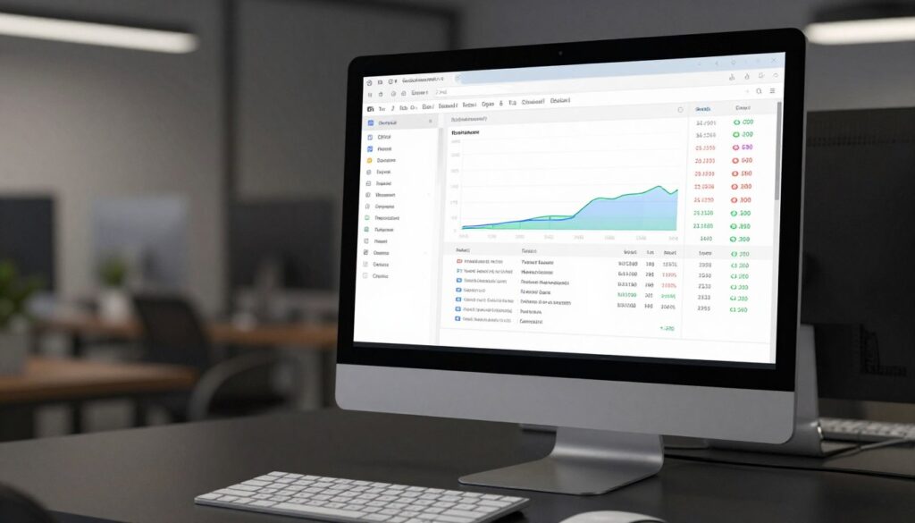 A detailed view of a Windows Task Manager interface displayed on a sleek, modern desktop monitor. In the foreground, the Task Manager window is clearly visible, showing CPU usage graphs, memory statistics, and running processes in an organized list. The display features high contrasts with green, blue, and red indicators for performance metrics. The middle ground includes a stylish desktop setup with a minimalist keyboard and mouse on a dark surface. In the background, soft ambient office lighting creates a calm, focused atmosphere, casting gentle reflections on the monitor. The scene is well-composed from a slight angle, giving depth and a sense of engagement in the stress testing process, with no people present, ensuring a professional and tech-centric mood. A detailed view of a Windows Task Manager interface displayed on a sleek, modern desktop monitor. In the foreground, the Task Manager window is clearly visible, showing CPU usage graphs, memory statistics, and running processes in an organized list. The display features high contrasts with green, blue, and red indicators for performance metrics. The middle ground includes a stylish desktop setup with a minimalist keyboard and mouse on a dark surface. In the background, soft ambient office lighting creates a calm, focused atmosphere, casting gentle reflections on the monitor. The scene is well-composed from a slight angle, giving depth and a sense of engagement in the stress testing process, with no people present, ensuring a professional and tech-centric mood.