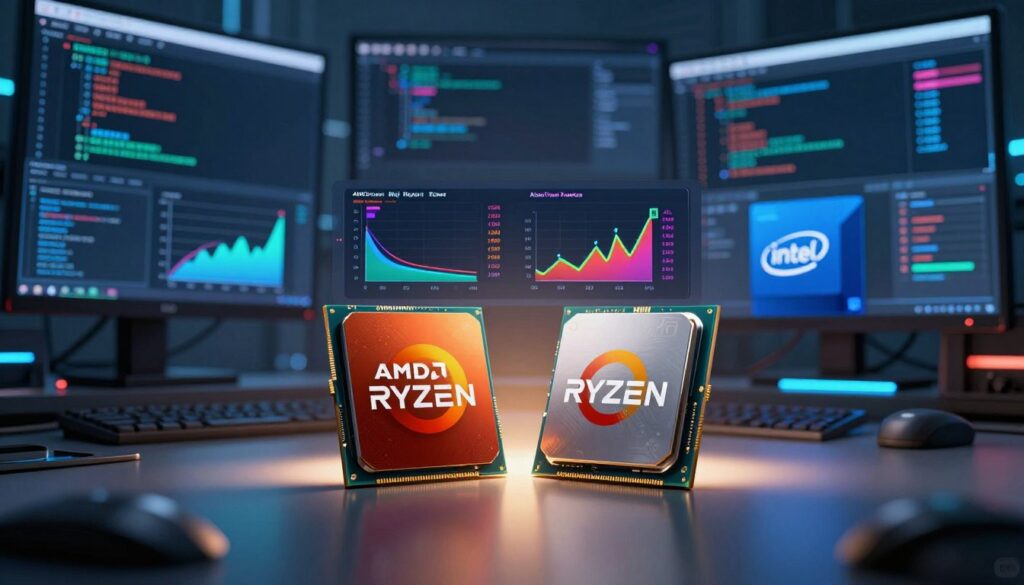 A digital collage showcasing the AI performance of AMD Ryzen and Intel Core processors. In the foreground, two sleek CPUs are prominently displayed on a reflective surface, highlighting their modern design. The middle layer features dynamic data visualization graphics, such as graphs and charts representing performance metrics in AI workloads, with vibrant colors to emphasize contrast. In the background, a high-tech workspace filled with computer screens displays code and complex algorithms in soft blue lighting, creating a futuristic atmosphere. The image is captured with a shallow depth of field to keep the focus on the CPUs, while a warm glow enhances the cutting-edge environment, inviting curiosity about technological advancements.