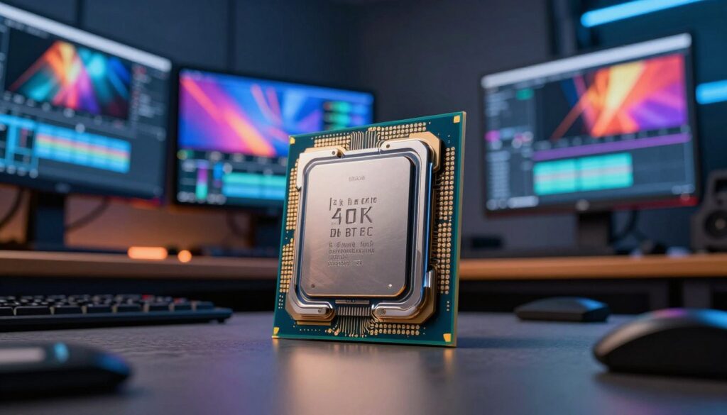 A high-performance CPU designed for 4K and 8K video editing, showcased prominently in the foreground with sleek, metallic finishes and intricate circuits visible. The CPU is surrounded by a dynamic, colorful arrangement of video editing equipment, such as monitors displaying vibrant video clips and a professional workstation setup. In the background, a softly blurred image of a modern editing suite with ambient lighting casts a futuristic and professional atmosphere. The scene is illuminated with cool blue and warm orange lights, creating a contrast that highlights the precision of the CPU. A low angle shot enhances the impressive stature of the CPU, while the overall mood conveys a sense of innovation and cutting-edge technology, ideal for artistic and technical enthusiasts alike.