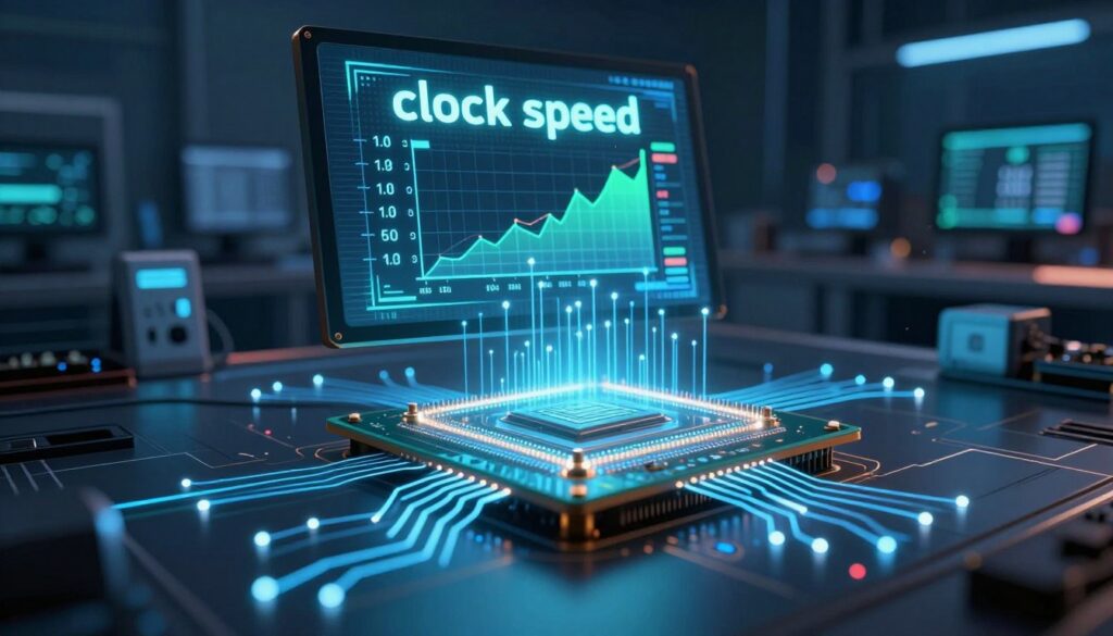 A high-tech digital artwork illustrating "clock speed" in the context of CPU performance. In the foreground, a sleek, modern processor with glowing circuit patterns and dynamic speed lines radiating outward, symbolizing rapid processing power. The middle layer features a digital display with numerical readouts of clock speeds and graphs showing performance metrics, softly illuminated in cool blue and green hues. The background is a blurred, high-tech lab environment filled with advanced computer equipment and LED lights, emphasizing a futuristic atmosphere. Ensure the lighting is dramatic with spotlight effects, casting interesting shadows, while the image conveys a sense of technological advancement and precision. A high-tech digital artwork illustrating "clock speed" in the context of CPU performance. In the foreground, a sleek, modern processor with glowing circuit patterns and dynamic speed lines radiating outward, symbolizing rapid processing power. The middle layer features a digital display with numerical readouts of clock speeds and graphs showing performance metrics, softly illuminated in cool blue and green hues. The background is a blurred, high-tech lab environment filled with advanced computer equipment and LED lights, emphasizing a futuristic atmosphere. Ensure the lighting is dramatic with spotlight effects, casting interesting shadows, while the image conveys a sense of technological advancement and precision.