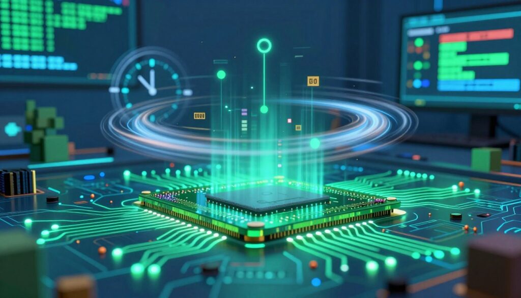A high-tech illustration representing the concepts of latency and cache memory, with a focus on gaming performance. In the foreground, intricate circuit patterns simulate cache memory with glowing light traces connecting various elements to symbolize data flow and processing efficiency. The middle layer features an abstract representation of latency, with blurred motion effects around clock speeds and data packets to evoke a sense of speed and time delay. The background contains digital representations of a gaming environment, such as pixelated graphics and 3D models, subtly out of focus to draw attention to the foreground details. The lighting should be dynamic, with cool blues and greens enhancing a futuristic look, while the overall mood is energetic and cutting-edge, ideal for a technology-focused article.