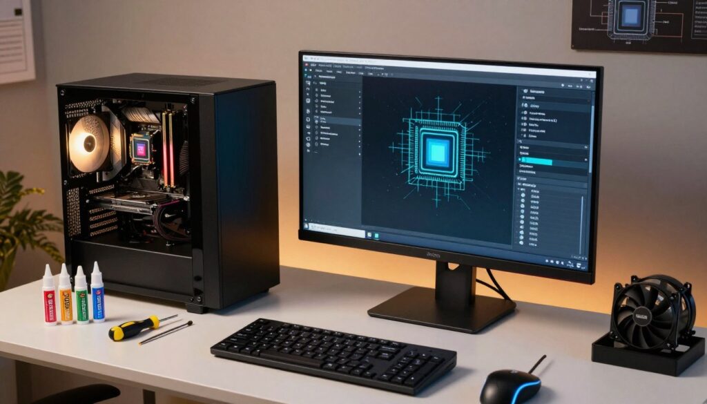 A high-tech workspace featuring a sleek, modern computer setup prominently displaying a CPU stress test in progress on a large monitor. In the foreground, an organized desk with careful arrangements of tools such as thermal paste, a screwdriver set, and cooling fans. The middle ground showcases a detailed view of the computer tower, its side panel transparent, revealing illuminated components and a CPU with a cooling system. In the background, soft lighting casts a warm glow, while technical diagrams of CPU performance hover subtly on the wall. The atmosphere is focused and professional, evoking a sense of precision and care in preparing for stress testing, emphasizing essential safety precautions. The angle is slightly above eye level, capturing both the intricacies of the setup and the essence of a dedicated workspace. A high-tech workspace featuring a sleek, modern computer setup prominently displaying a CPU stress test in progress on a large monitor. In the foreground, an organized desk with careful arrangements of tools such as thermal paste, a screwdriver set, and cooling fans. The middle ground showcases a detailed view of the computer tower, its side panel transparent, revealing illuminated components and a CPU with a cooling system. In the background, soft lighting casts a warm glow, while technical diagrams of CPU performance hover subtly on the wall. The atmosphere is focused and professional, evoking a sense of precision and care in preparing for stress testing, emphasizing essential safety precautions. The angle is slightly above eye level, capturing both the intricacies of the setup and the essence of a dedicated workspace.