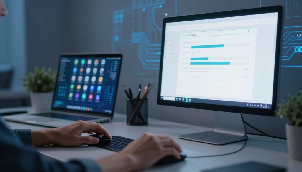 A modern, cluttered desktop view showcasing a computer screen with a detailed driver update interface open, displaying progress bars and system information. In the foreground, a pair of hands, elegantly poised, navigate the mouse, reflecting focus and concentration. The middle ground includes a sleek laptop, colorful icons on the desktop, and a subtle hint of digital circuitry in the background, symbolizing technology. Soft blue light emanates from the screen, casting a cool, professional ambiance across the scene. The background is slightly blurred to emphasize the foreground activity, creating a sense of immersion. The overall mood is one of productivity and technical engagement, set in a contemporary home office environment.