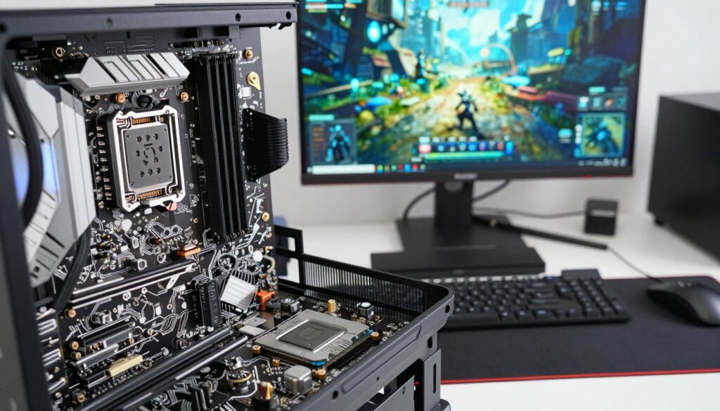 A modern computer workstation featuring an open PC case with integrated graphics components prominently displayed. In the foreground, zoom in on the motherboard showcasing an integrated graphics chip, intricately detailed with visible circuit paths and cooling solutions. In the middle ground, a sleek monitor displays a vivid, high-resolution gaming scene, emphasizing the performance capability of integrated graphics within budget builds. The background features a well-organized desk with essential PC accessories, creating a tech-savvy atmosphere. The scene is brightly lit with soft, diffused lighting to enhance details and texture, shot from a slightly elevated angle to capture the entirety of the setup, conveying a sense of modernity and efficiency.