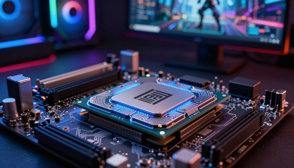 A sleek, high-performance flagship processor is displayed prominently in the foreground, showcasing an intricate design with metallic textures and glowing circuit patterns. The processor is illuminated by a soft blue light, accentuating its features and giving it a futuristic feel. In the middle ground, a subtle representation of a high-tech motherboard serves as the base, with various components elegantly arranged around the processor, emphasizing its central importance in computing power. The background features a blurred gaming setup with vibrant RGB lights and a high-resolution monitor displaying a breathtaking 4K gaming scene, creating an atmosphere of innovation and advanced technology. The image is captured from a slightly elevated angle, enhancing the depth and inviting viewers to appreciate the cutting-edge technology encapsulated in this flagship CPU.