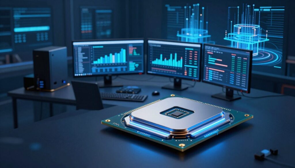 A sleek, modern CPU in the foreground with several cores visibly depicted, illuminated with a cool blue glow. In the middle, a dynamic workstation setup showcasing multiple monitors displaying performance graphs and workload metrics, signifying heavy computational tasks. The background features a digital landscape with abstract representations of data streams and processing clusters, emphasizing the significance of core count in handling heavy workloads. Use soft, diffused lighting to create a professional atmosphere, with a slight isometric angle to show depth. The overall mood should be focused and technical, evoking a sense of innovation in computing power and performance.