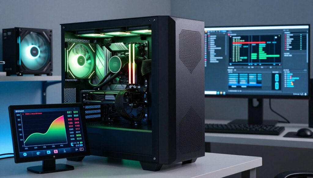 A sleek, modern computer workstation featuring a high-performance gaming PC with open chassis revealing vibrant RGB lighting. In the foreground, a digital temperature monitoring display shows real-time CPU temperatures with colorful graphs and numerical readings. The middle layer includes a close-up of a CPU cooler with heat pipes and fans, subtly highlighted by soft LED strip lighting. The background features a focused shot of an organized desk with additional cooling equipment and a sleek monitor displaying overclocking software. The atmosphere should convey a sense of precision and professionalism, with cool blue and green hues reflecting a tech-savvy environment. Use a wide-angle lens perspective to capture depth, ensuring a clean, polished, and modern aesthetic throughout the image.
