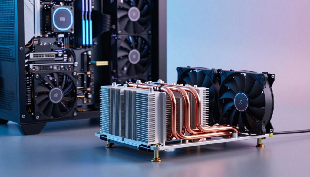 A sleek, modern thermal management system displayed prominently in the foreground, featuring high-performance heat sinks, copper heat pipes, and advanced cooling fans arranged in an aesthetically pleasing manner. In the middle ground, detailed computer components such as a workstation CPU and GPU are visible, highlighted by soft blue LED lighting that emphasizes their technological sophistication. The background showcases a subtle gradient of cool colors, suggesting a high-tech environment. The overall mood is one of innovation and efficiency, conveying the importance of thermal regulation in high-performance computing. Utilize dynamic lighting to create depth, focusing on reflections and shadows to enhance the sense of realism and professionalism. The image should not contain any text or logos, ensuring a clean presentation.