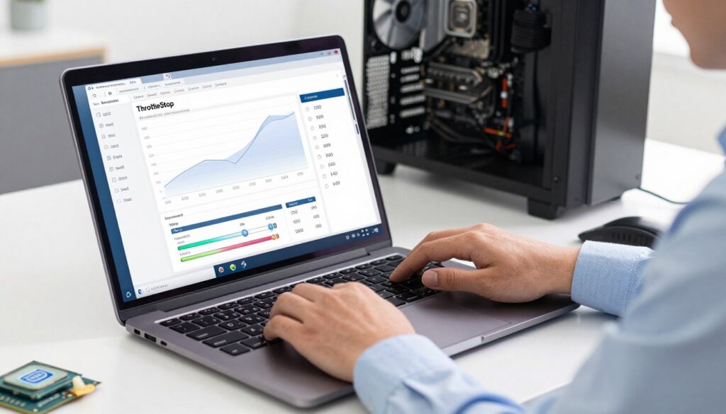 A sleek, modern workspace featuring a high-tech laptop open to ThrottleStop software, displaying undervolt settings for an Intel CPU. In the foreground, a pair of hands in a light blue professional shirt are adjusting sliders on the software interface. The middle ground showcases a close-up view of the laptop screen with clear graphs and numerical data indicating temperature reductions. The background features neatly arranged computer components, like a CPU cooler and thermal paste, adding context to the theme of CPU optimization. Bright, natural lighting floods the scene, accentuating the high-tech atmosphere. The overall mood is focused and professional, inviting readers to explore the technical aspects of undervolting.