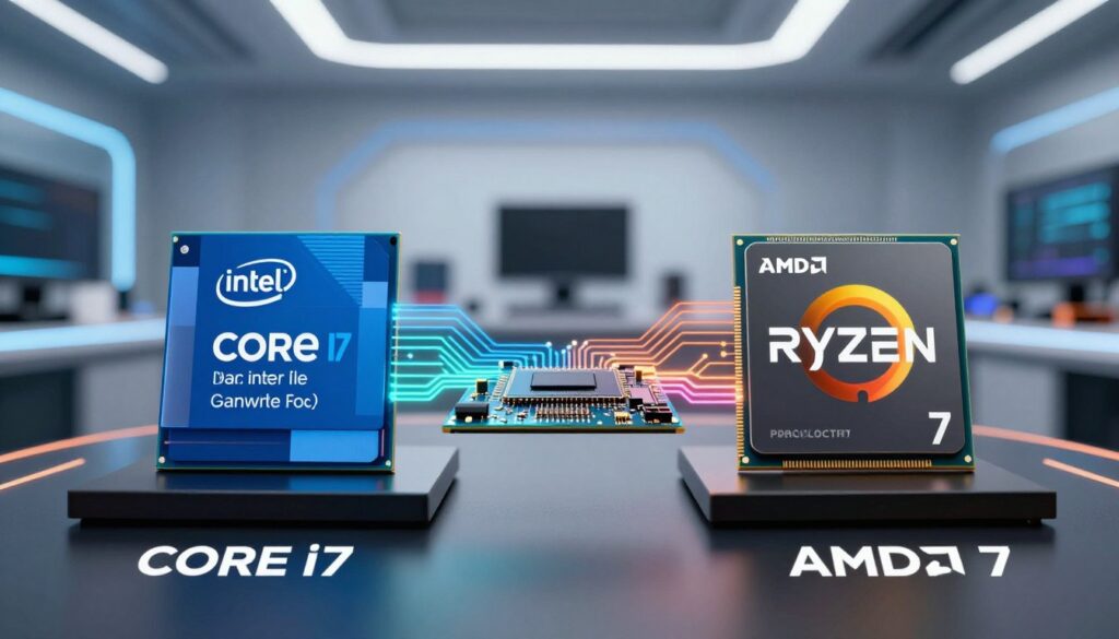 A visually striking and informative image depicting a side-by-side comparison of Intel Core i7 and AMD Ryzen 7 processors, emphasizing platform longevity and upgrade paths. In the foreground, feature the two processors prominently displayed on sleek black surfaces, with detailed labels indicating their specifications. The middle layer should include a vibrant circuit board extending from each processor, symbolizing their respective ecosystems and upgrade capabilities, highlighted with subtle glowing effects. In the background, a blurred, futuristic tech lab setting, illuminated with soft blue and white lighting, adds depth and sophistication. Use a low-angle perspective to enhance the grandeur of the processors while maintaining a professional atmosphere. The overall mood should be one of innovation and reliability, inviting the viewer to explore the future of computing.