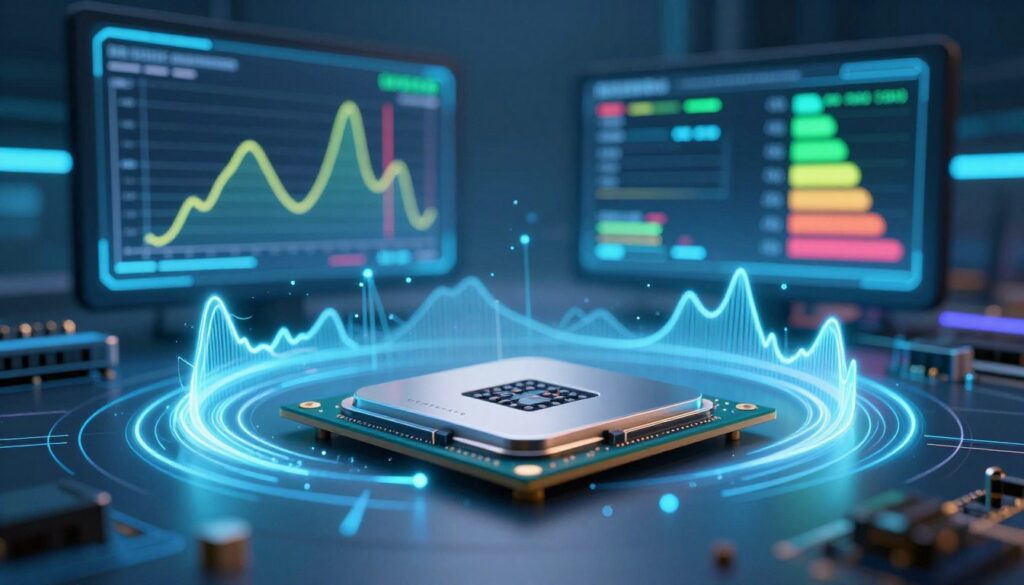 A visually striking conceptual illustration of power consumption, featuring a sleek, modern CPU at the forefront, surrounded by swirling energy waves representing electricity usage. In the middle ground, a digital display shows fluctuating power metrics and efficiency levels, with vibrant graphical elements like graphs and circuits to emphasize data analysis. The background features a high-tech environment, subtly lit with cool blue and green hues to convey innovation and efficiency. The atmosphere should feel dynamic and informative, with a sense of urgency reflecting the importance of power consumption in high-performance computing. The image should be created with a focus on clarity, using a professional lens perspective to enhance detail and depth, ensuring the composition is harmonious and engaging without any text or distractions.