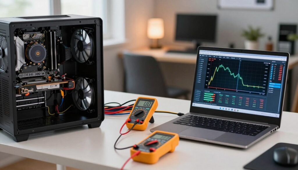 A well-organized workspace showcasing essential tools for monitoring CPU performance during undervolting. In the foreground, display a high-quality desktop computer with an open case, revealing an intricate CPU cooler and motherboard. To the side, include a laptop open to a monitoring software interface, displaying real-time data on CPU temperatures and voltages. In the middle ground, arrange multicolored cables neatly, alongside a digital multimeter for precision measurements. The background should feature a sleek desk set against a softly lit home office environment with ambient light filtering through a window, creating a focused and professional atmosphere. Capture the scene with a shallow depth of field, emphasizing the tools while providing an elegant blur of the background, evoking a sense of technical mastery and readiness for performance optimization.